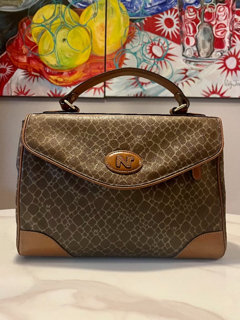 Vintage Nina Ricci Maroquinerie Giraffe Print Leather Trim Satchel Italy